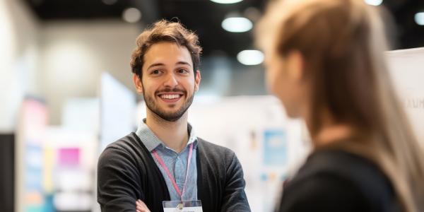 Homme souriant échangeant sur un salon professionnel