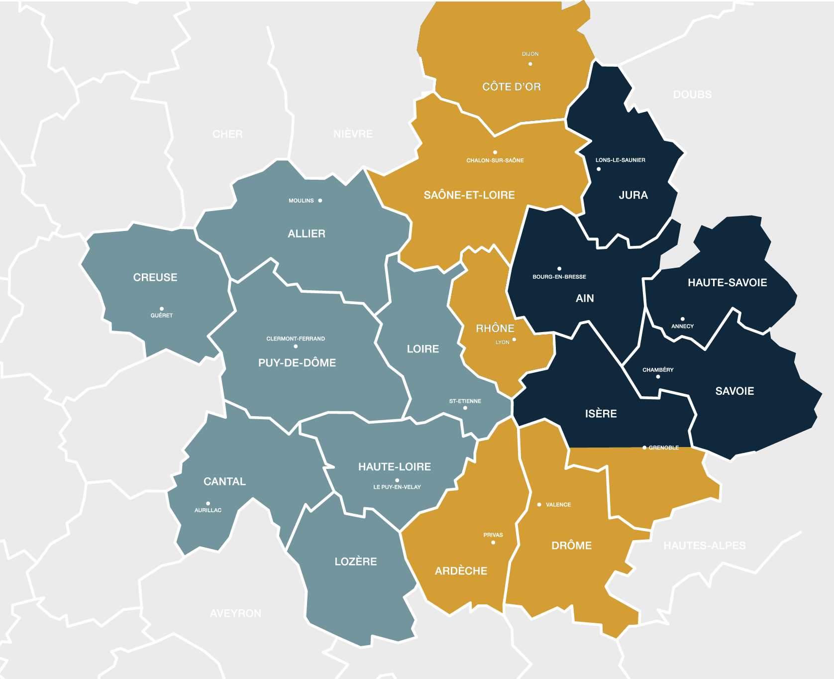 Carte du secteur d'intervention de JLC en Auvergne-Rhône-Alpes