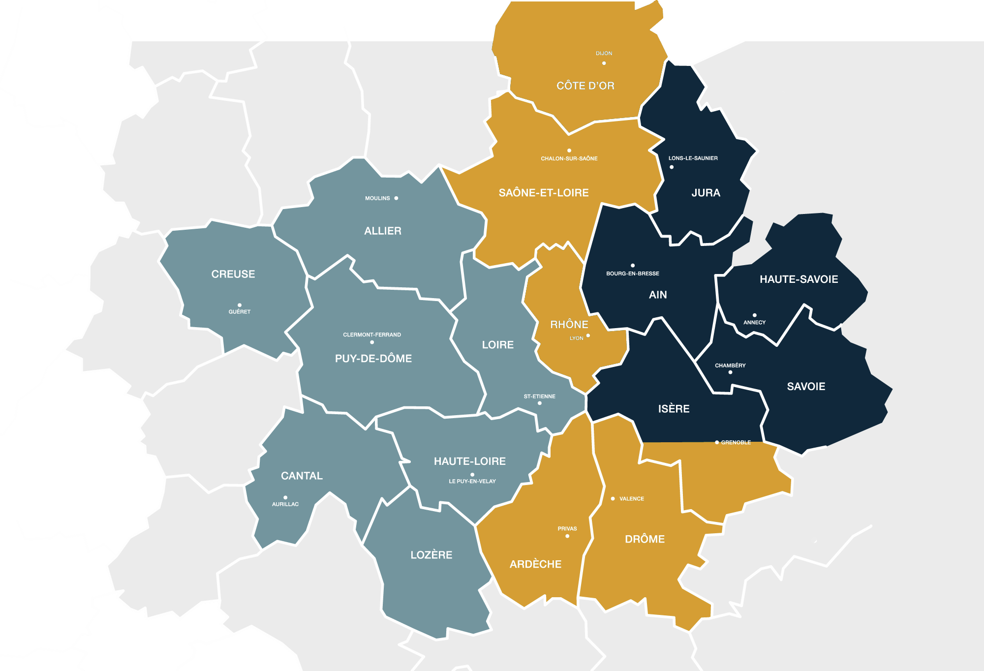 Carte du secteur d'intervention de JLC en Auvergne-Rhône-Alpes (orange)