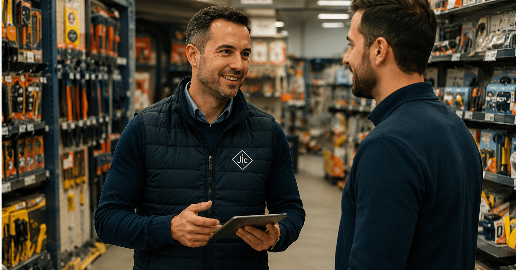 Commercial JLC échangeant avec un responsable de magasin